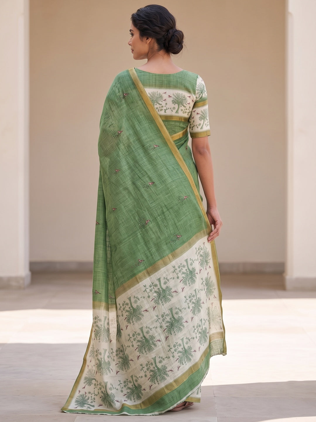Peachmode Green Floral Printed Linen Blend Saree - Image 5
