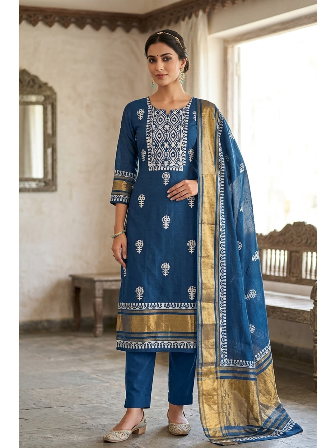 Peachmode Banarasi Cotton Navy Blue Unstitched Dress Material - Image 1
