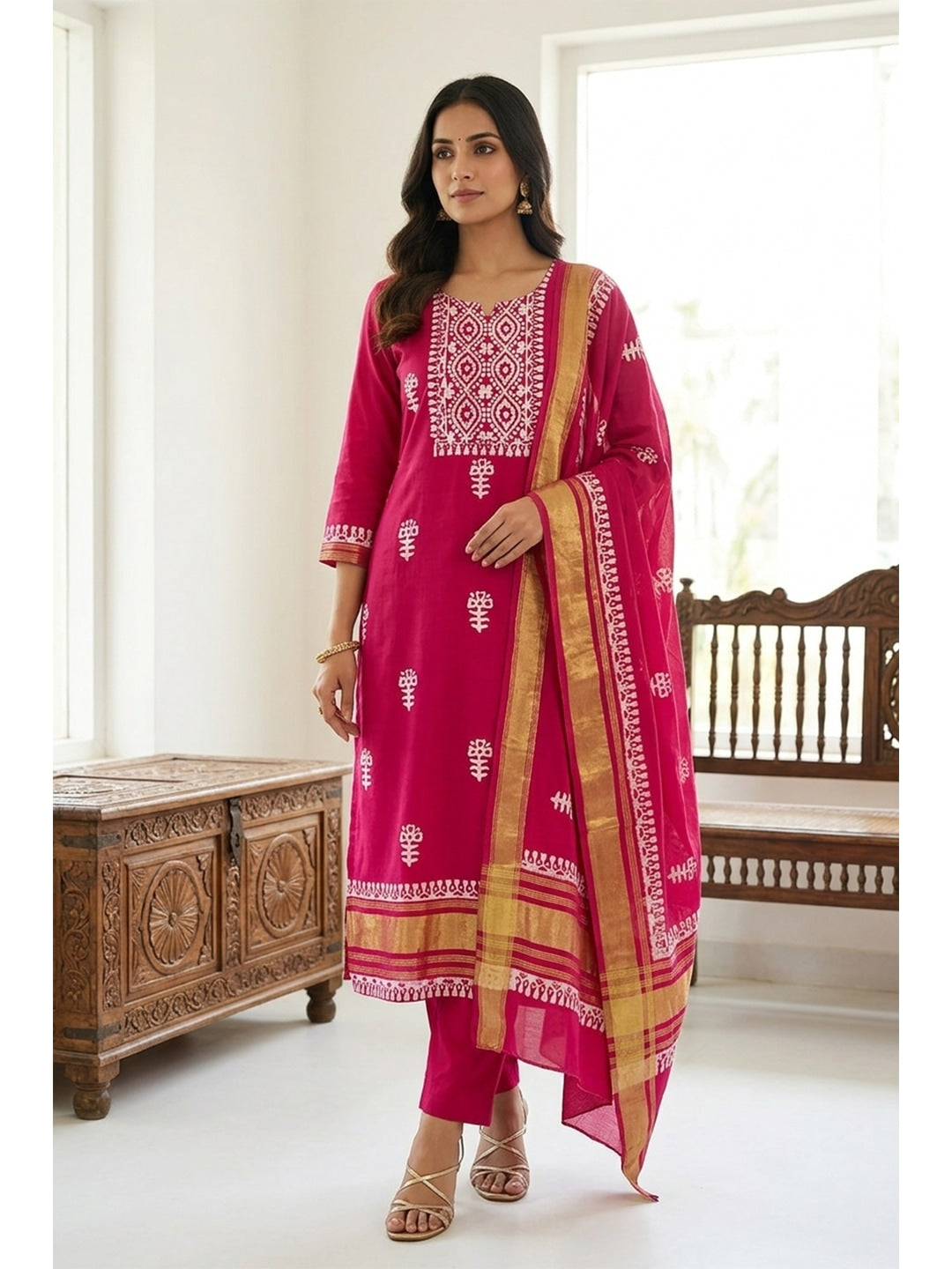 Peachmode Banarasi Cotton Pink Unstitched Dress Material - Image 1