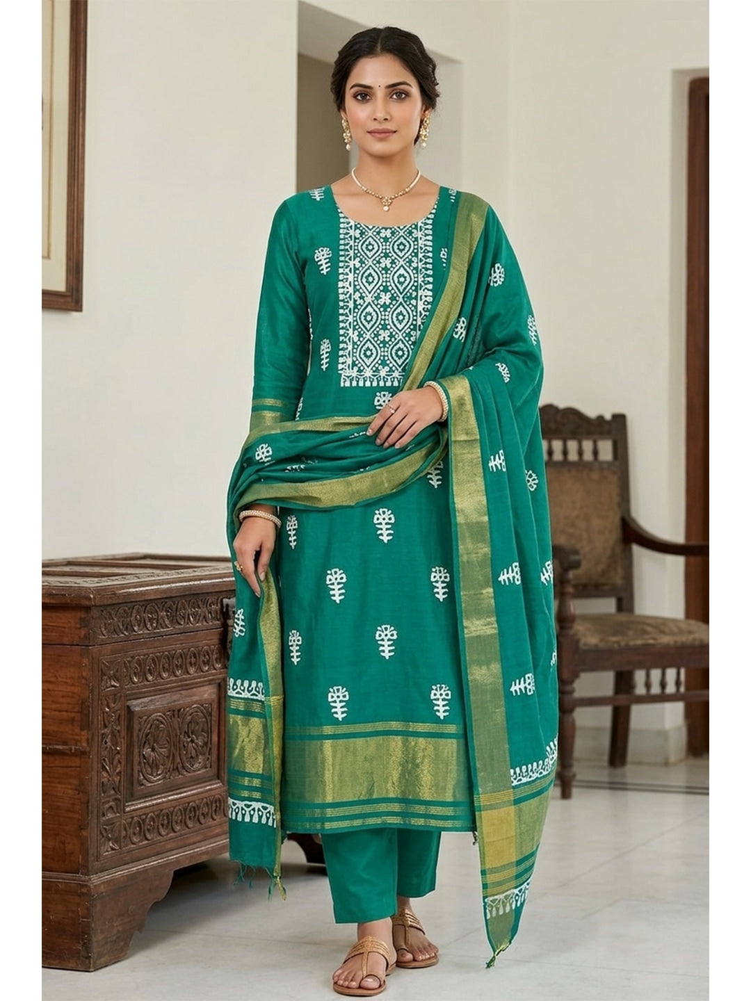 Peachmode Banarasi Cotton Rama Green Unstitched Dress Material - Image 1