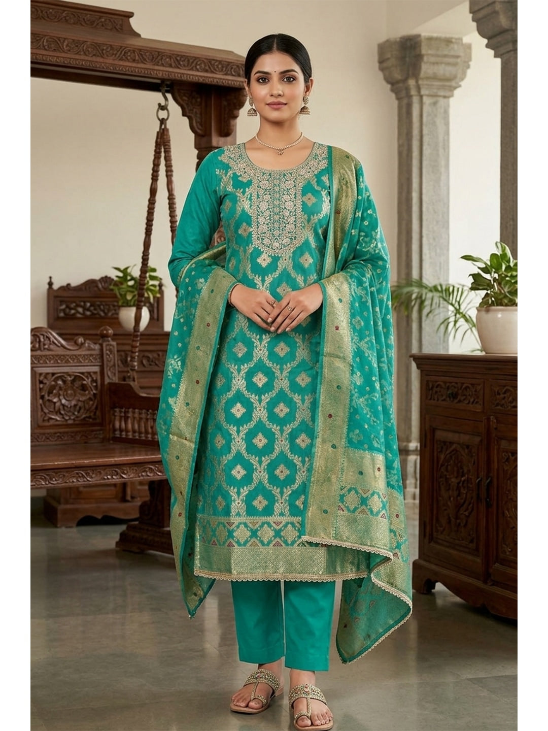 Peachmode Banarasi Turquoise Unstitched Dress Material - Image 1