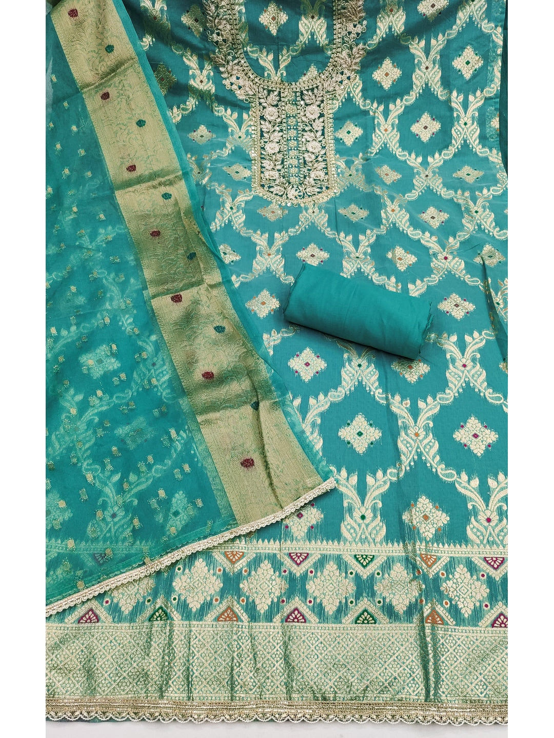 Peachmode Banarasi Turquoise Unstitched Dress Material - Image 2