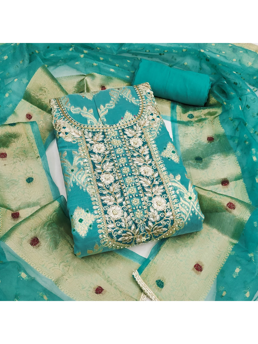 Peachmode Banarasi Turquoise Unstitched Dress Material - Image 4