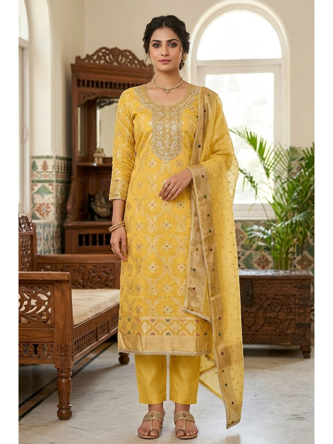 Peachmode Banarasi Cotton Yellow Unstitched Dress Material - Image 1