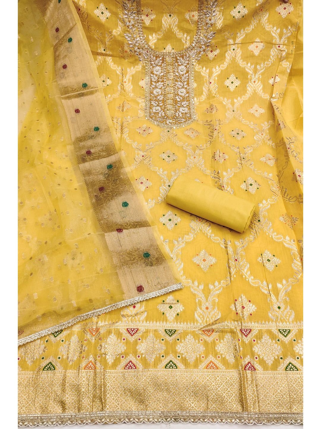 Peachmode Banarasi Cotton Yellow Unstitched Dress Material - Image 2