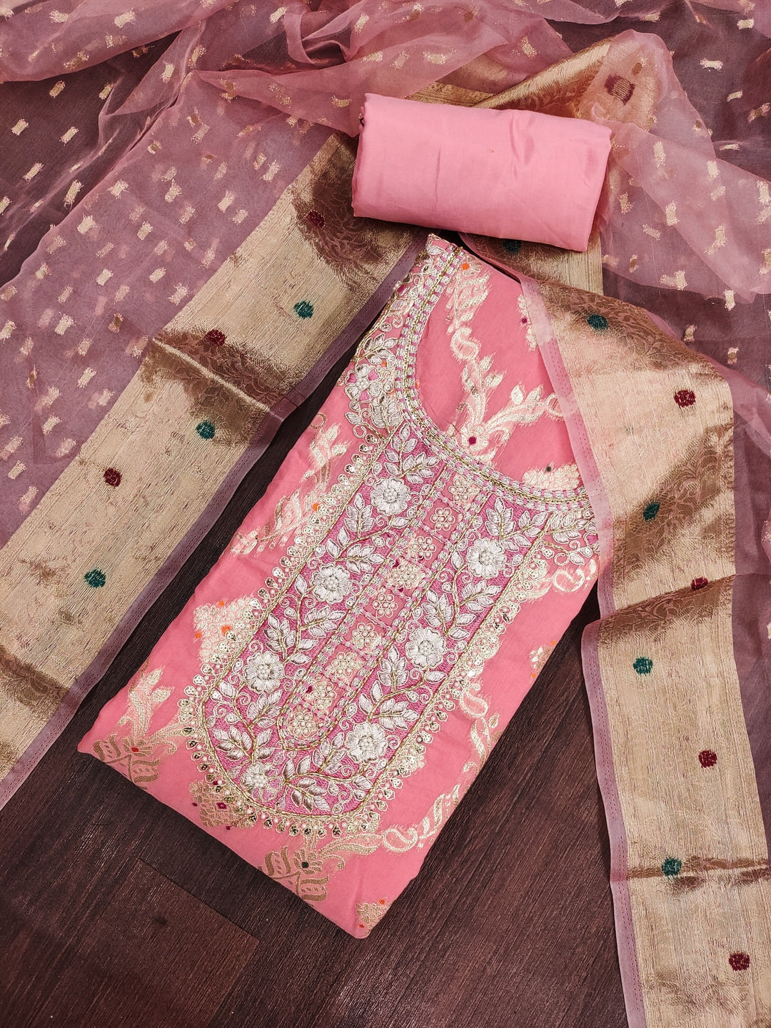 Peachmode Banarasi Cotton Light Pink Unstitched Dress Material - Image 3