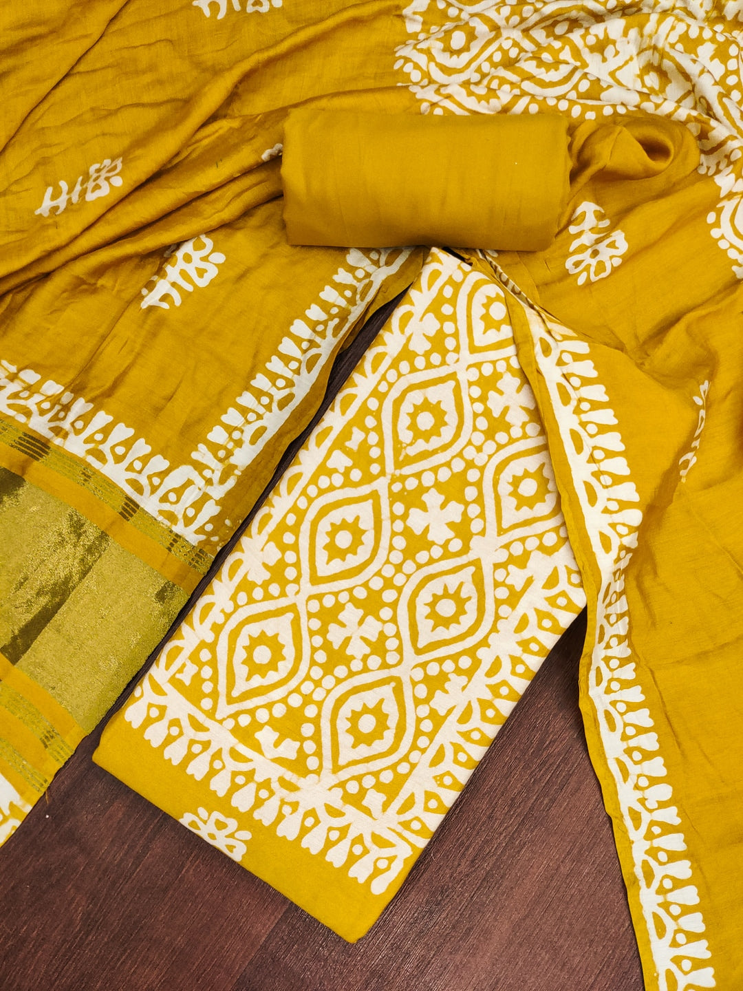 Peachmode Banarasi Cotton Mustard Unstitched Dress Material - Image 3