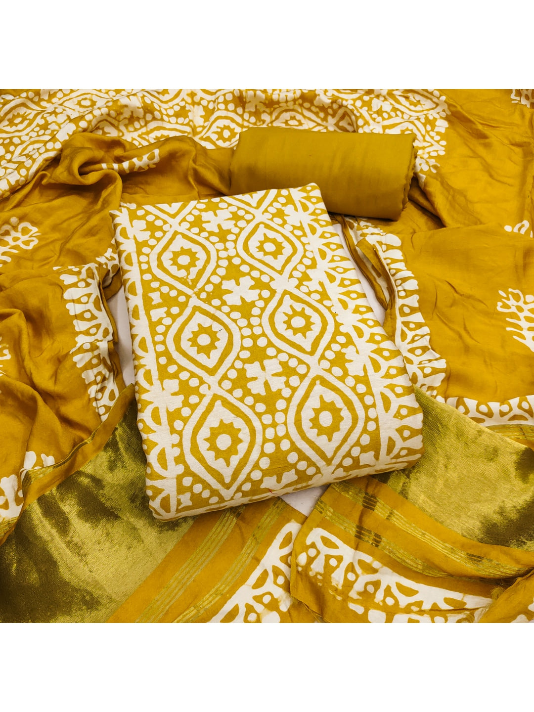 Peachmode Banarasi Cotton Mustard Unstitched Dress Material - Image 4