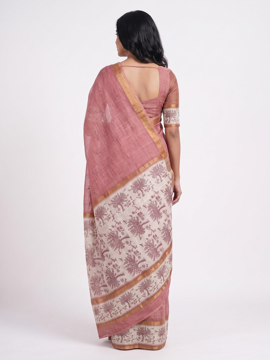 Peachmode Pink Floral Printed Linen Blend Saree - Image 3