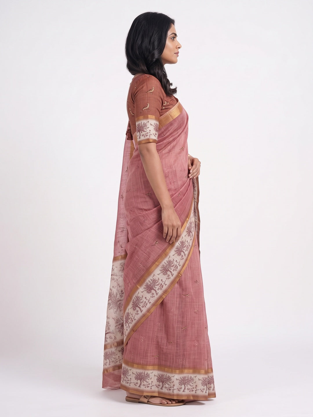 Peachmode Pink Floral Printed Linen Blend Saree - Image 4
