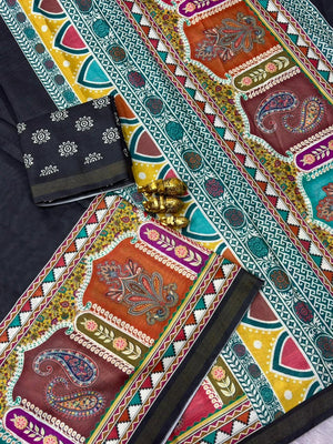Peachmode Black Digital Printed Mul Cotton Saree - Image 2
