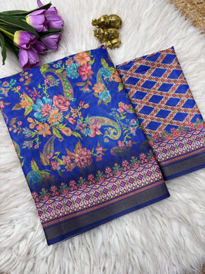 Peachmode Royal Blue Digital Printed Mul Cotton Saree - Image 2