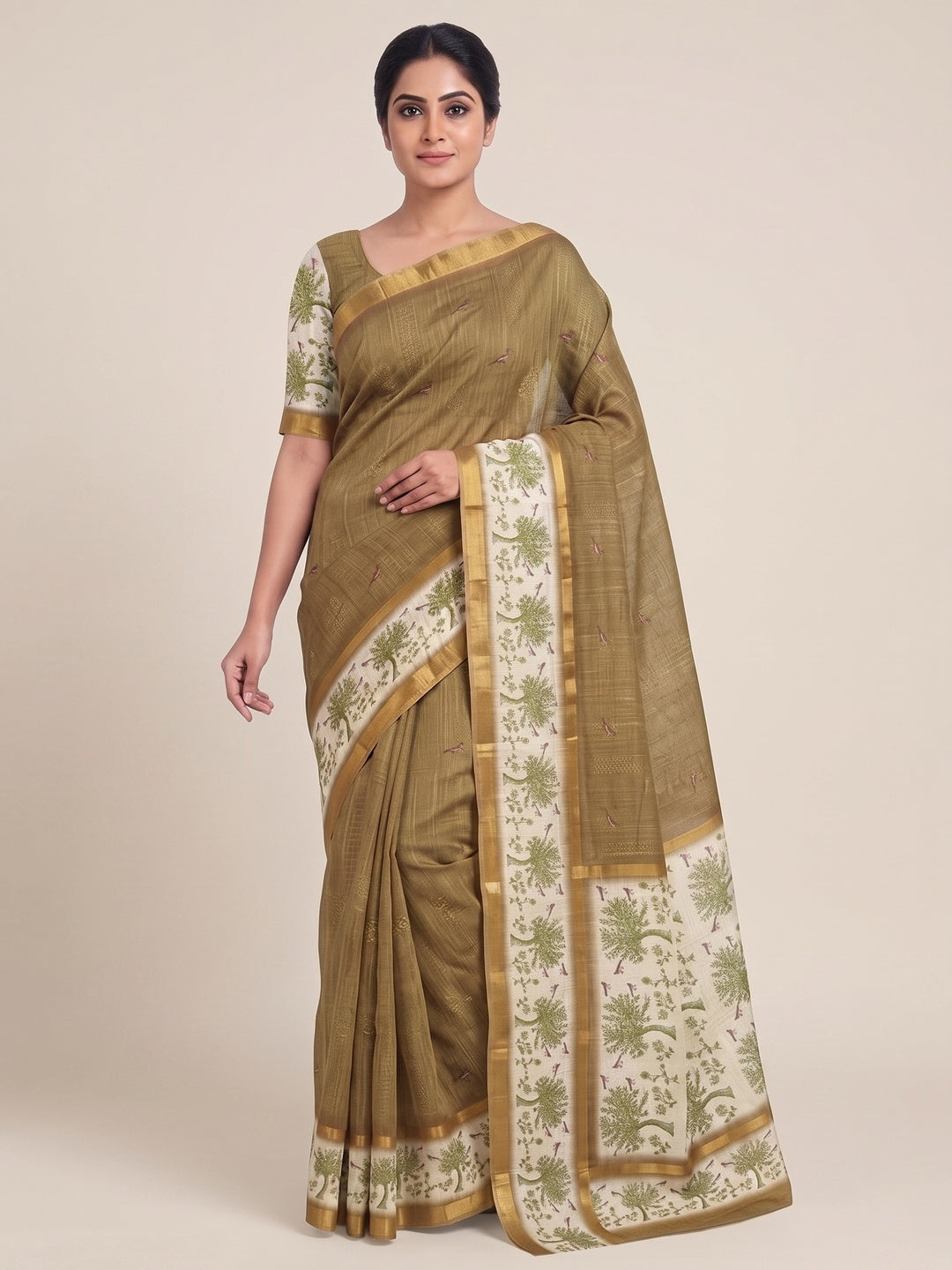Peachmode Brown Floral Printed Linen Blend Saree - Image 1