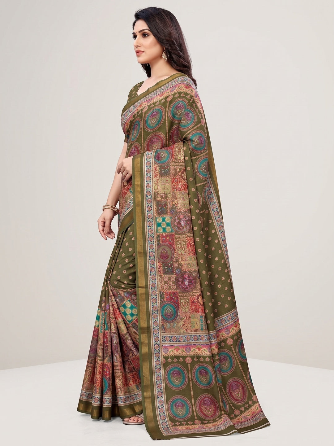 Peachmode Green Position Printed Dola Silk Saree - Image 4