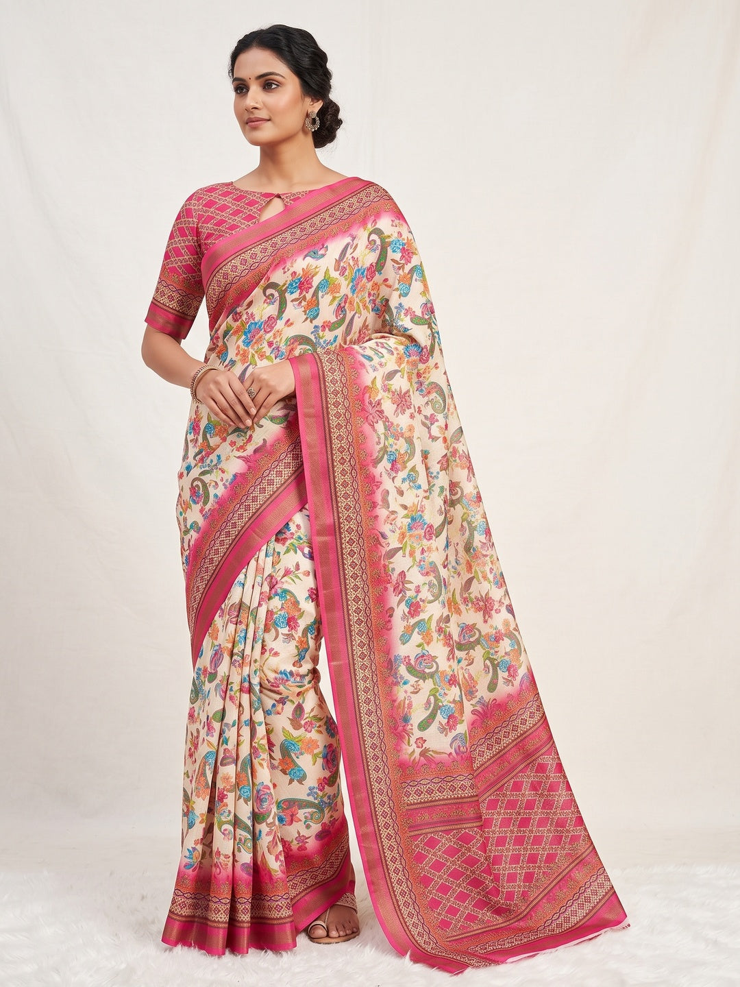 Peachmode Pink Digital Printed Mul Cotton Saree - Image 1