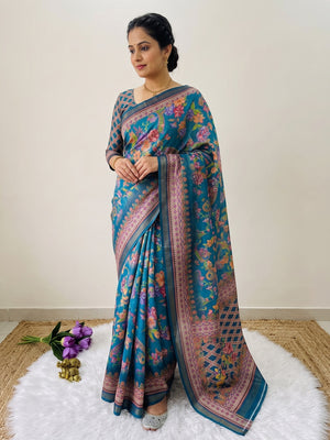 Peachmode Teal Digital Printed Mul Cotton Saree - Image 1