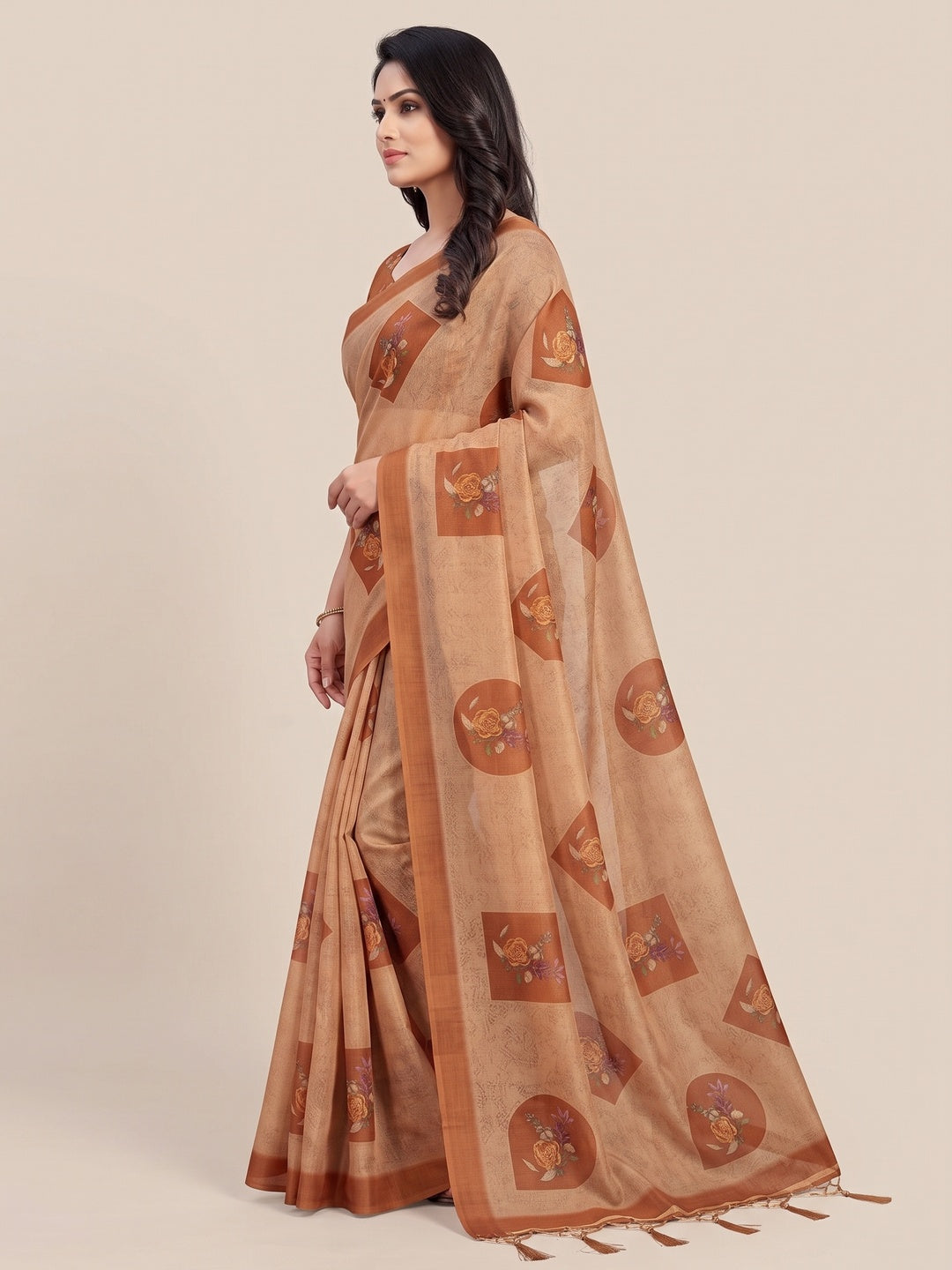Peachmode Camel Beige Medallion Printed Art Silk Saree - Image 3