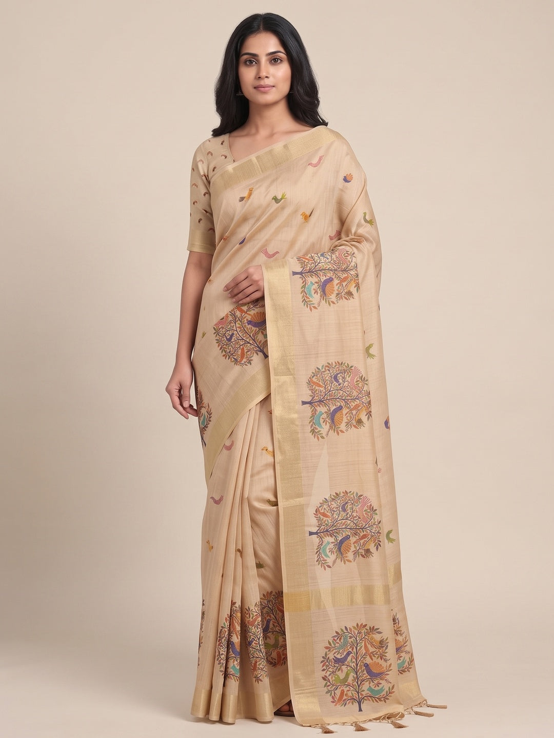 Peachmode Chikoo Multicolor Botanical Printed Art Silk Saree - Image 1