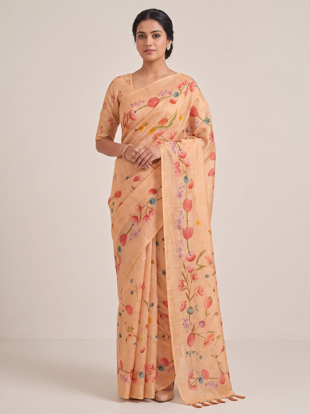 Peachmode Chikoo Peach Floral Printed Art Silk Saree - Image 1