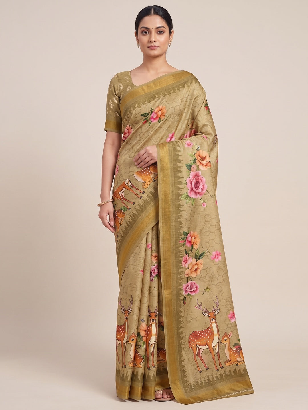 Peachmode Light Khaki Deer Floral Printed Dola Silk Saree - Image 1