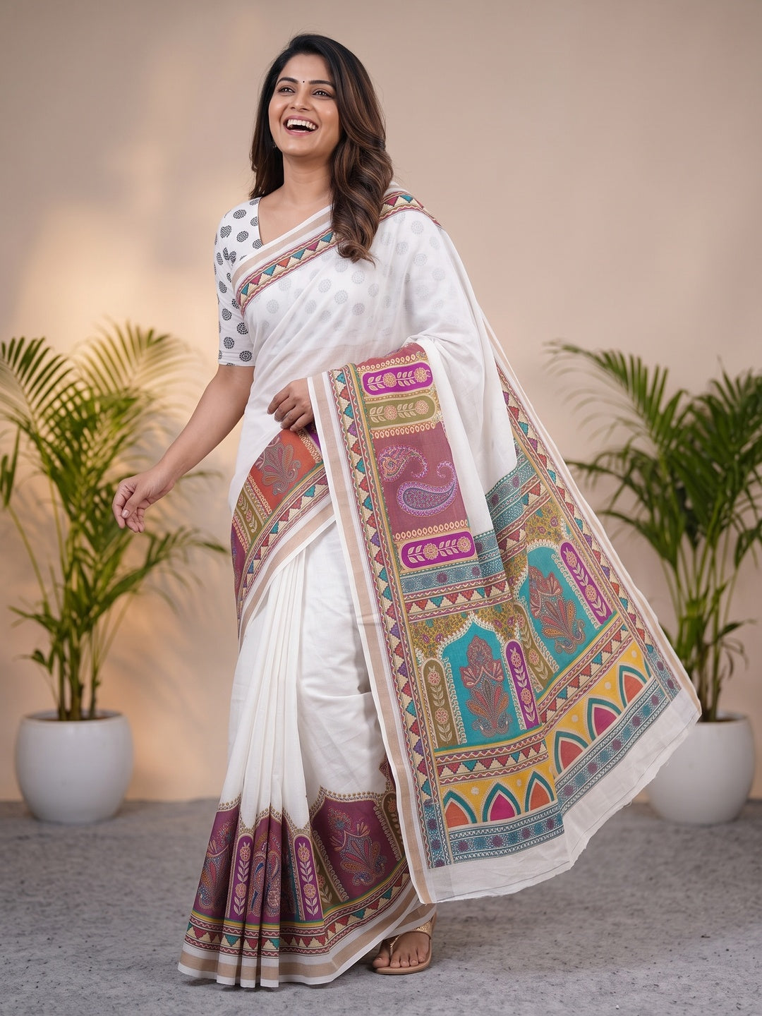 Peachmode White Digital Printed Mul Cotton Saree - Image 1