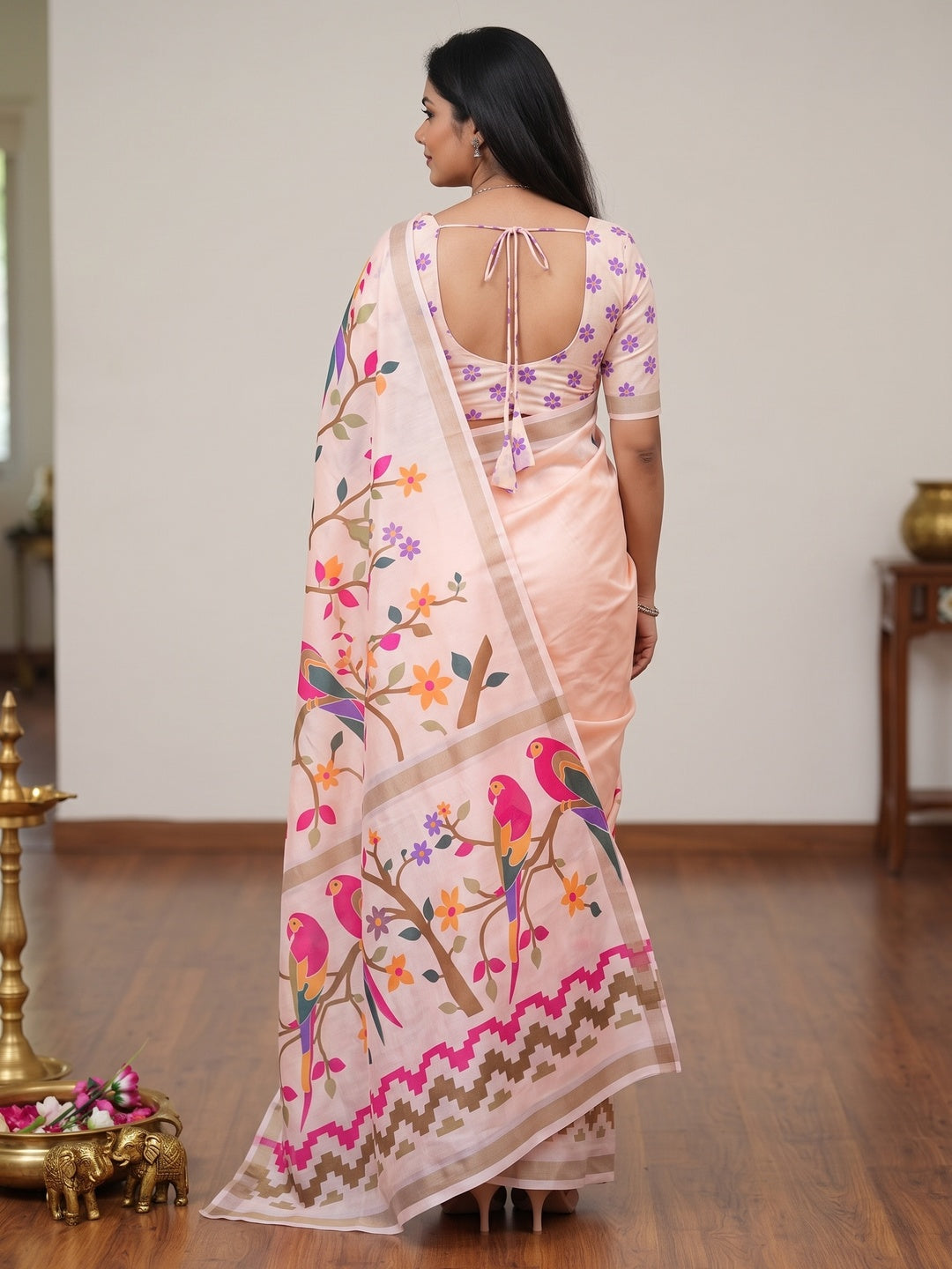 Peachmode Peach Digital Printed Mul Cotton Saree - Image 4