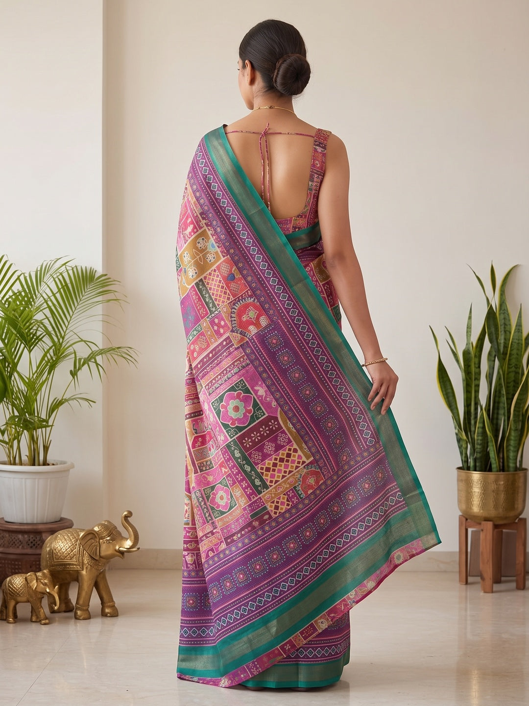 Peachmode Magenta Digital Printed Mul Cotton Saree - Image 3