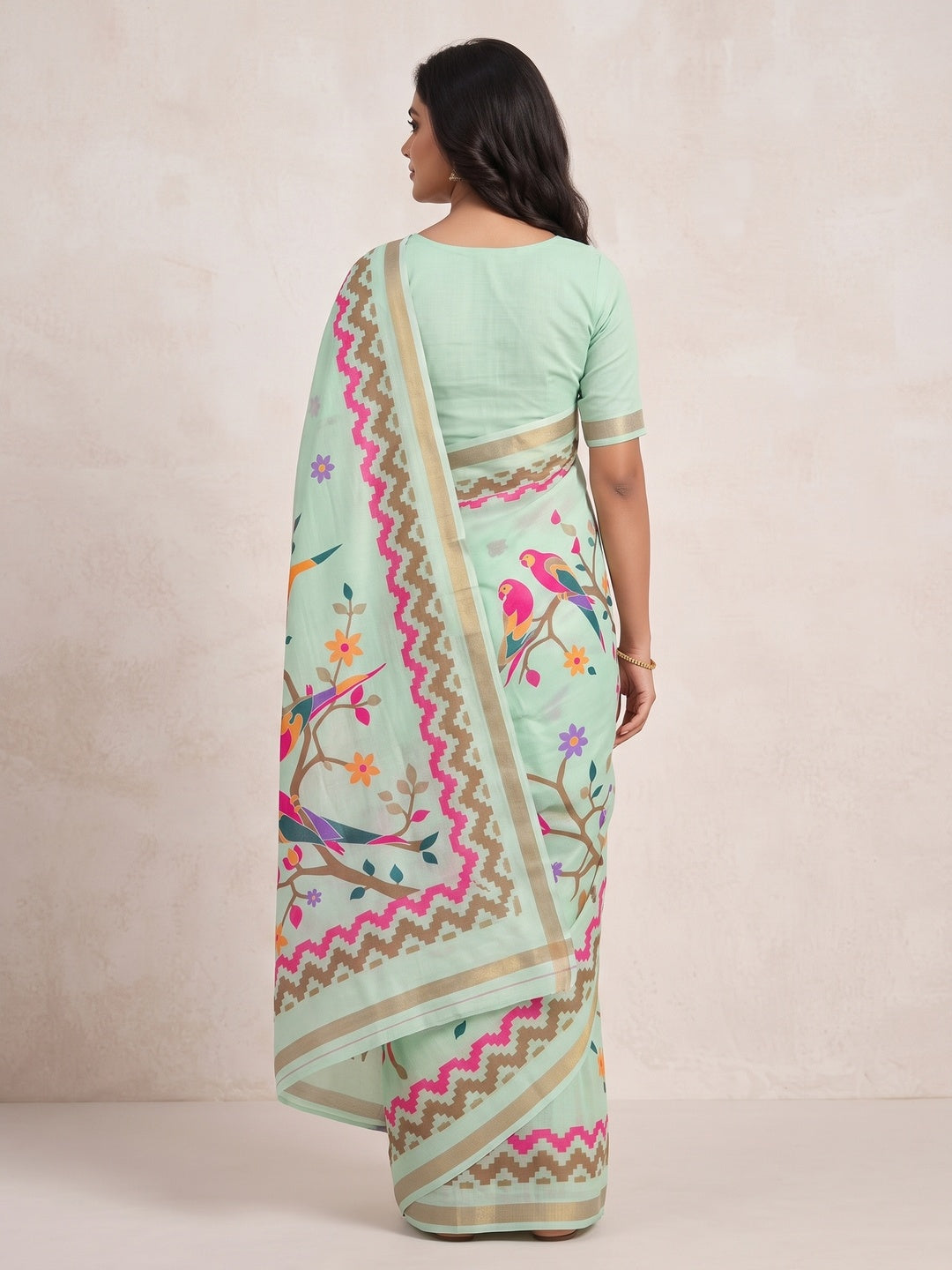 Peachmode Mint Green Digital Printed Mul Cotton Saree - Image 4