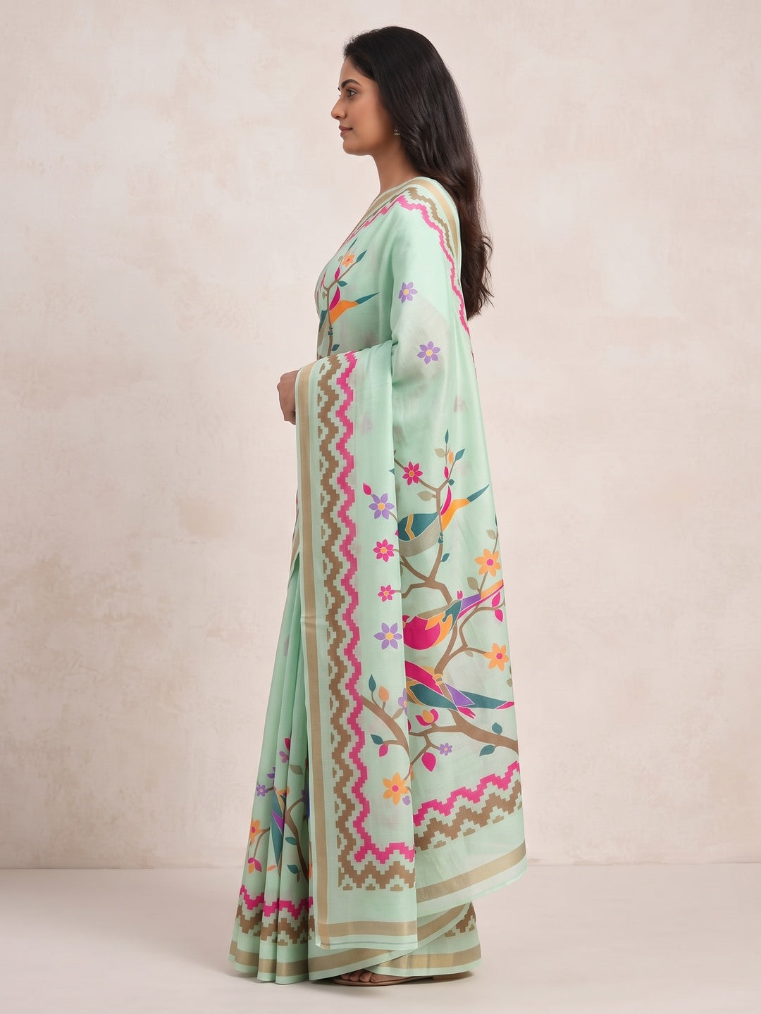 Peachmode Mint Green Digital Printed Mul Cotton Saree - Image 5