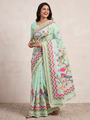 Peachmode Mint Green Digital Printed Mul Cotton Saree - Image 1