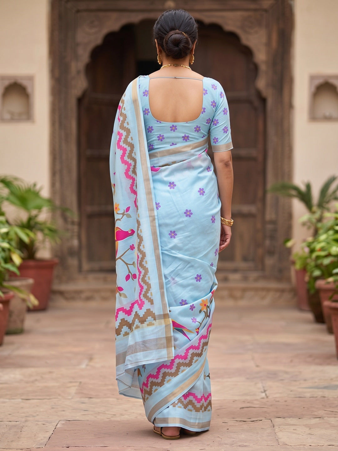 Peachmode Light Blue Digital Printed Mul Cotton Saree - Image 4