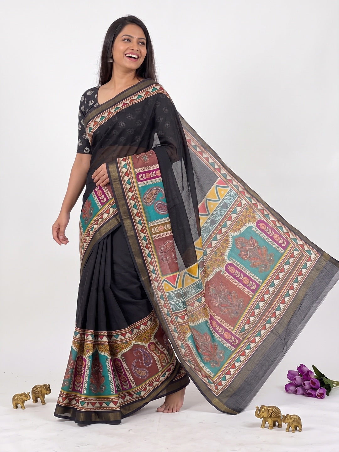 Peachmode Black Digital Printed Mul Cotton Saree - Image 5