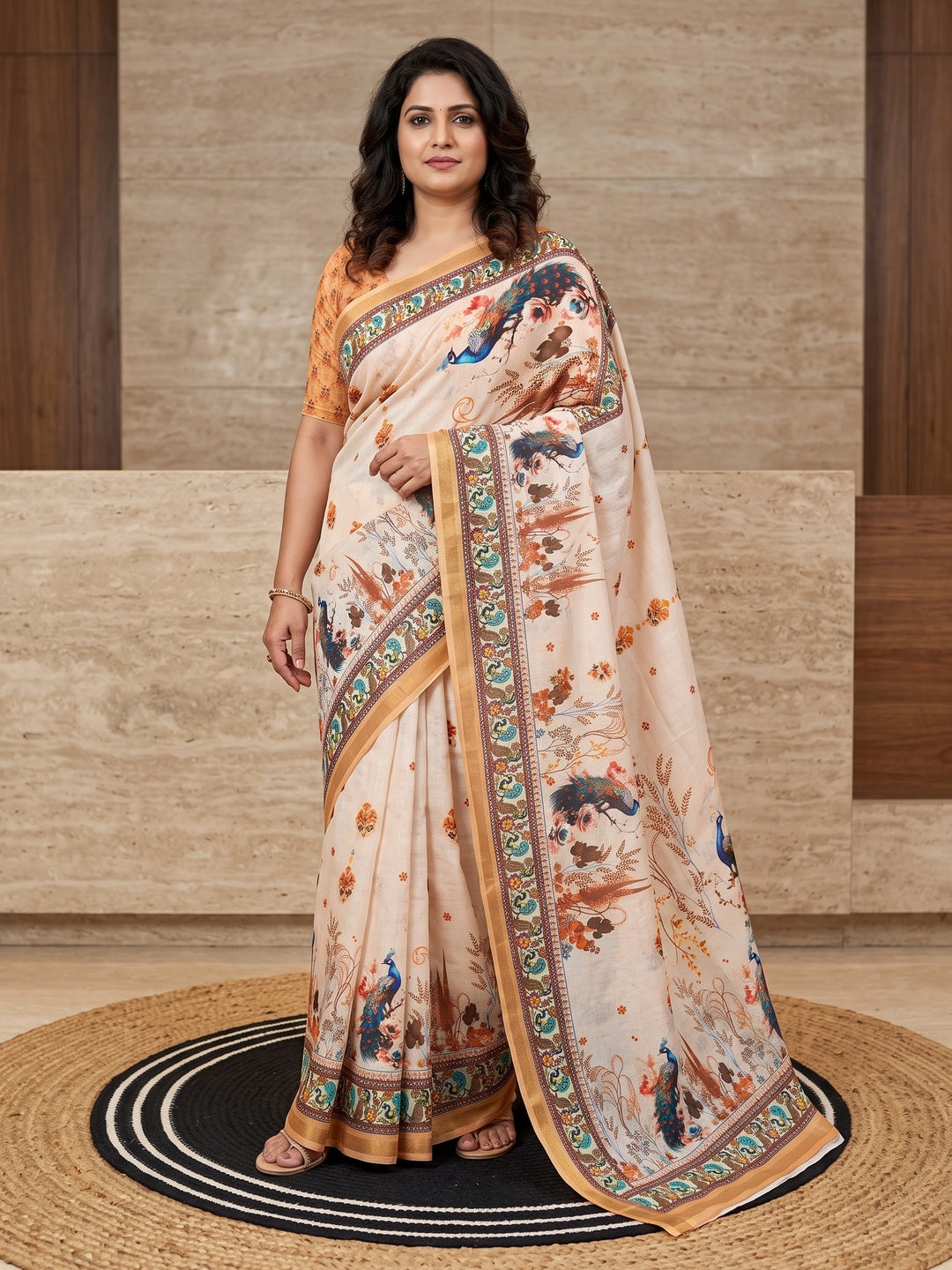 Peachmode Beige Digital Printed Mul Cotton Saree - Image 1