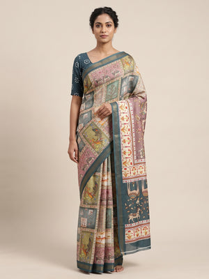 Peachmode Sage Green Digital Printed Mul Cotton Saree - Image 1