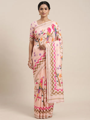 Peachmode Peach Digital Printed Mul Cotton Saree - Image 1