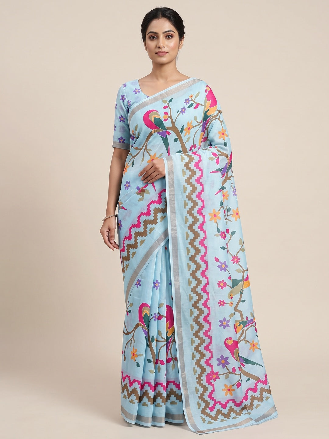 Peachmode Light Blue Digital Printed Mul Cotton Saree - Image 1