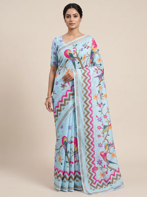 Peachmode Light Blue Digital Printed Mul Cotton Saree - Image 1