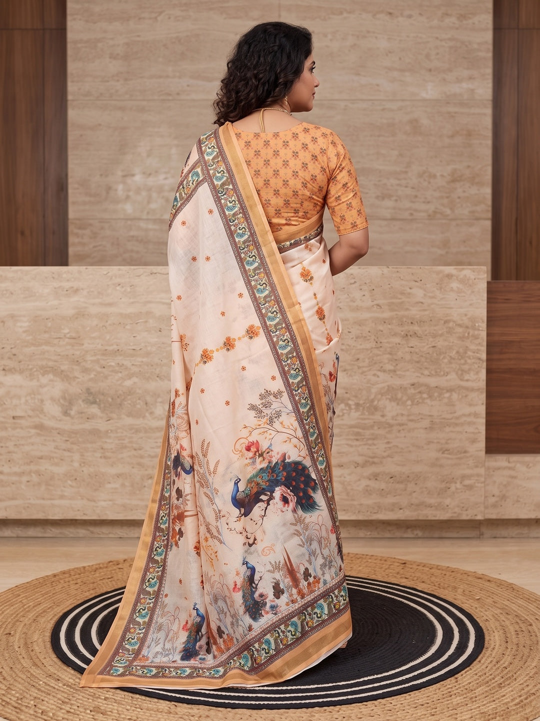 Peachmode Beige Digital Printed Mul Cotton Saree - Image 4