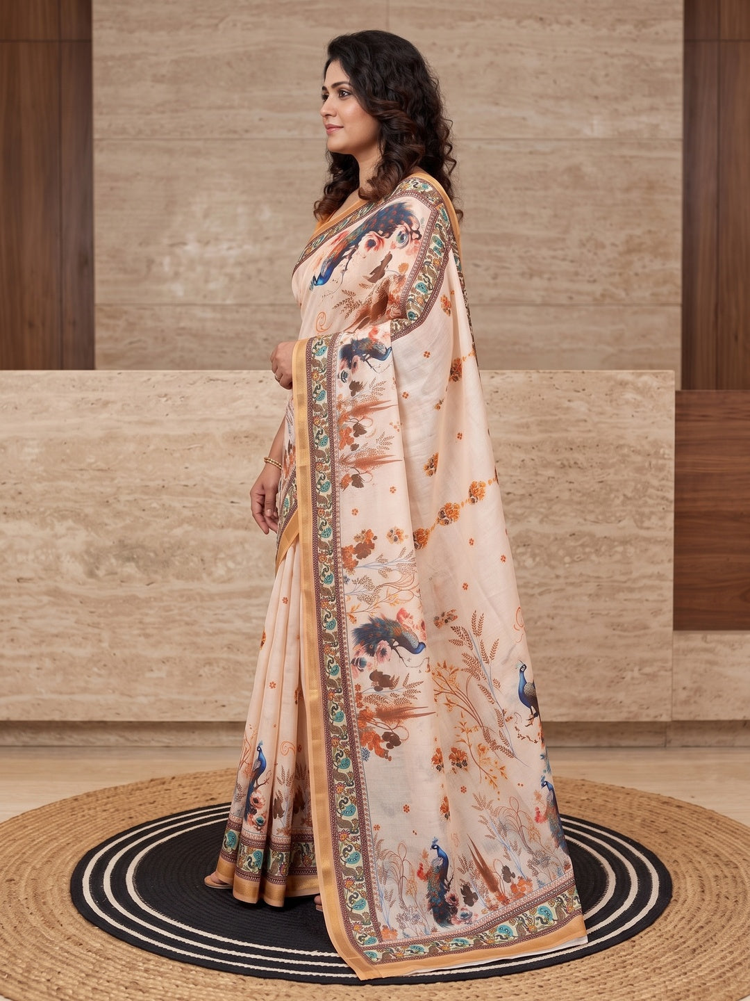 Peachmode Beige Digital Printed Mul Cotton Saree - Image 5