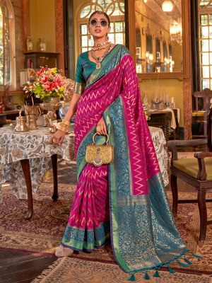 Peachmode Rani Pink Silk Blend Woven Saree - Image 1