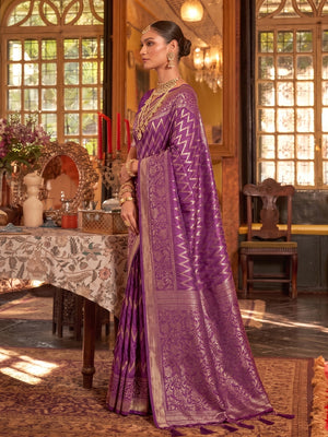 Peachmode Purple Silk Blend Woven Saree - Image 2