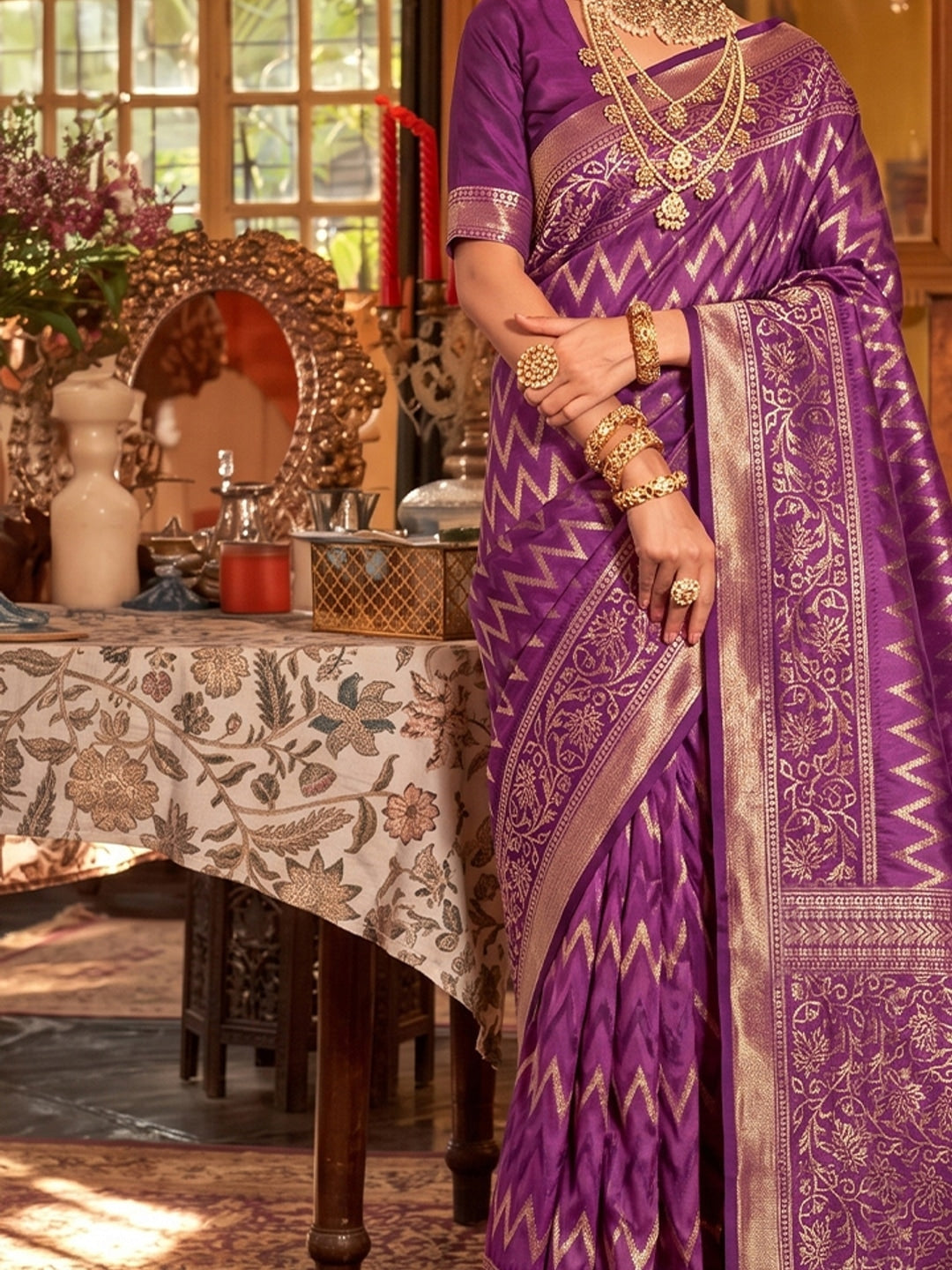 Peachmode Purple Silk Blend Woven Saree - Image 5