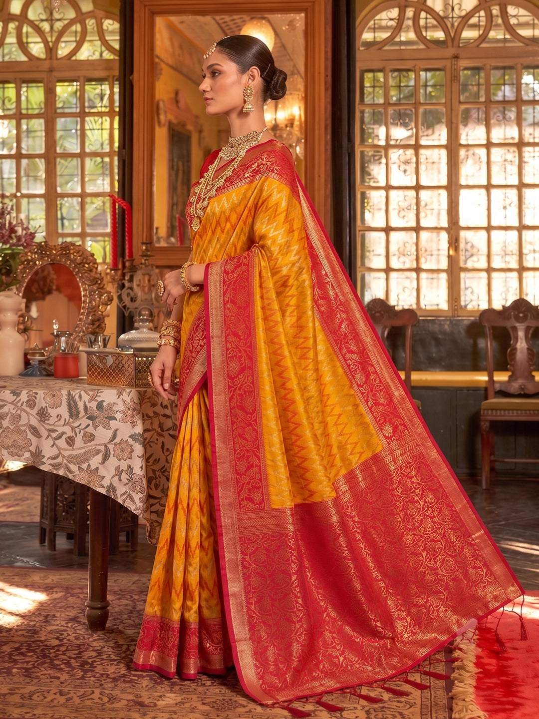 Peachmode Mustard & Red Silk Blend Woven Saree - Image 2