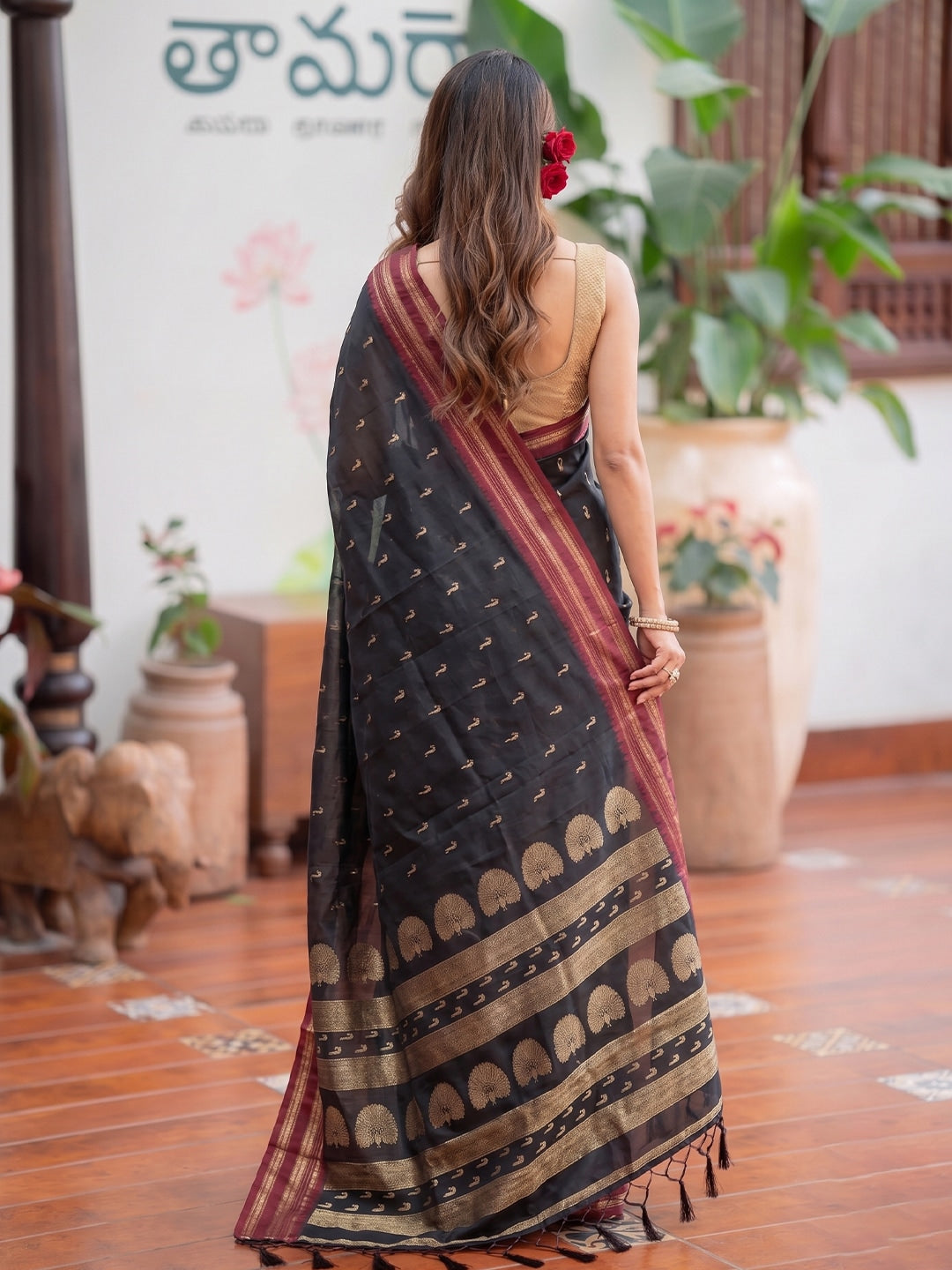 Peachmode Black Soft Silk Woven Saree - Image 2