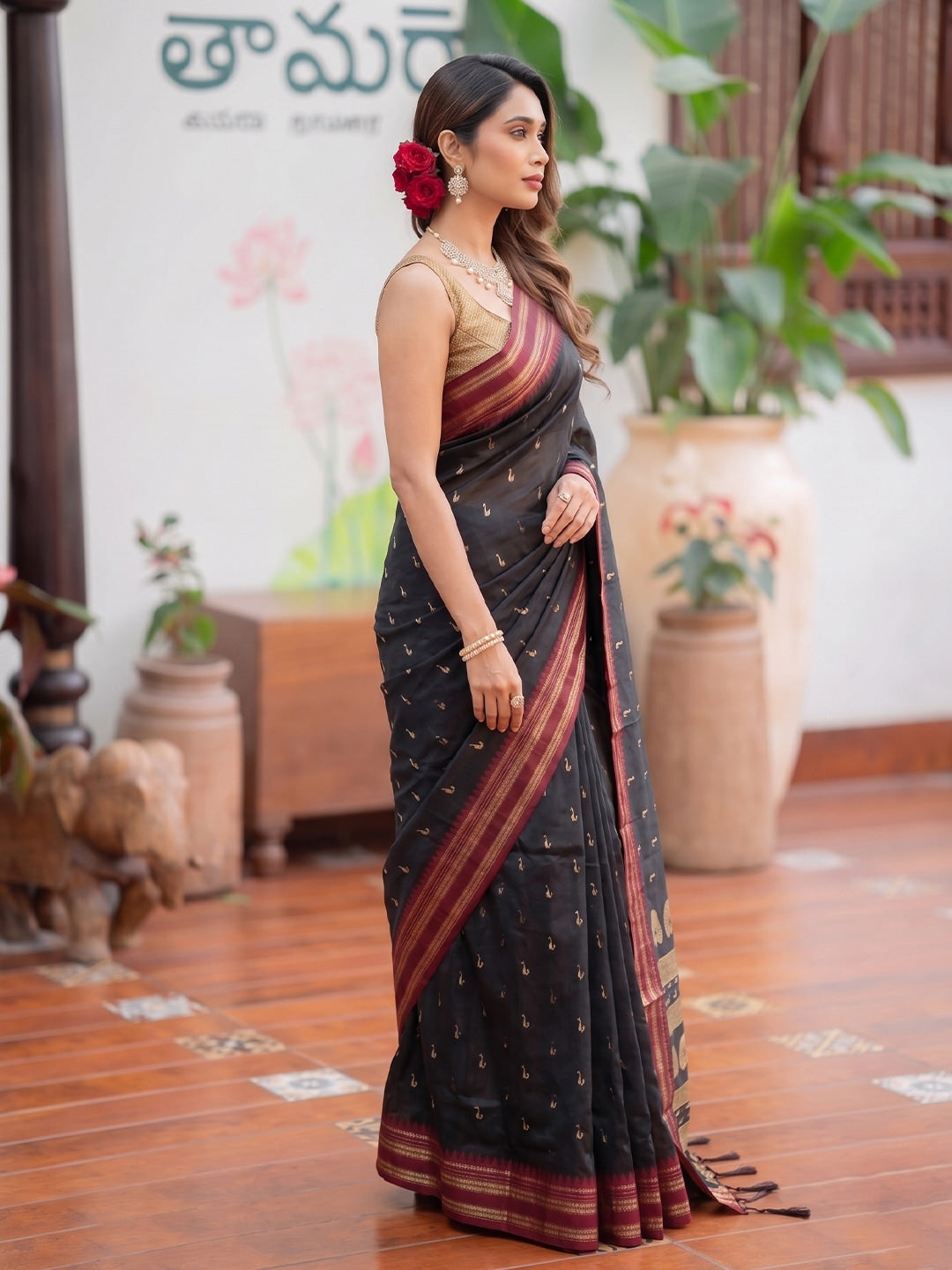 Peachmode Black Soft Silk Woven Saree - Image 3