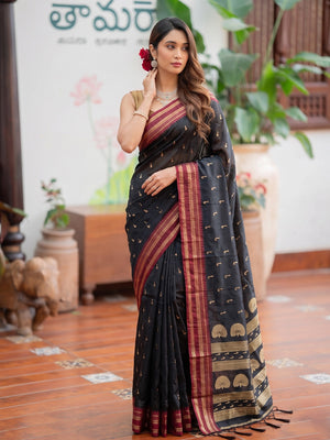 Peachmode Black Soft Silk Woven Saree - Image 1