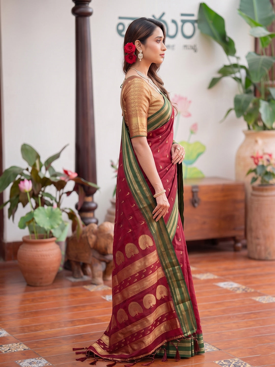 Peachmode Maroon Soft Silk Woven Saree - Image 3