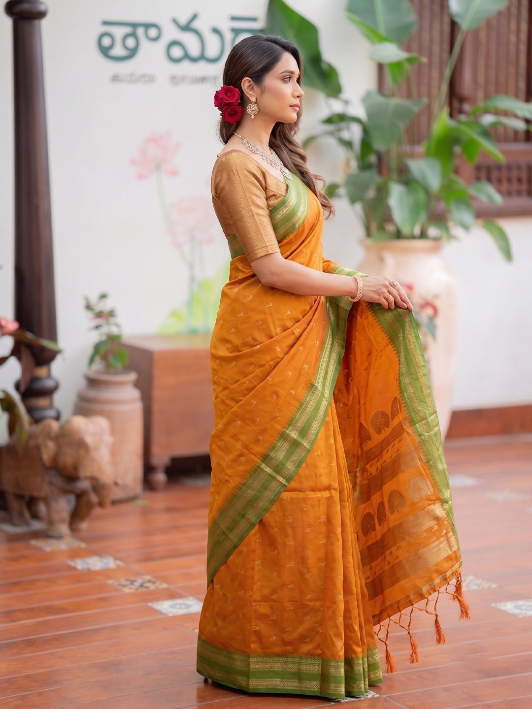 Peachmode Yellow Soft Silk Woven Saree - Image 3