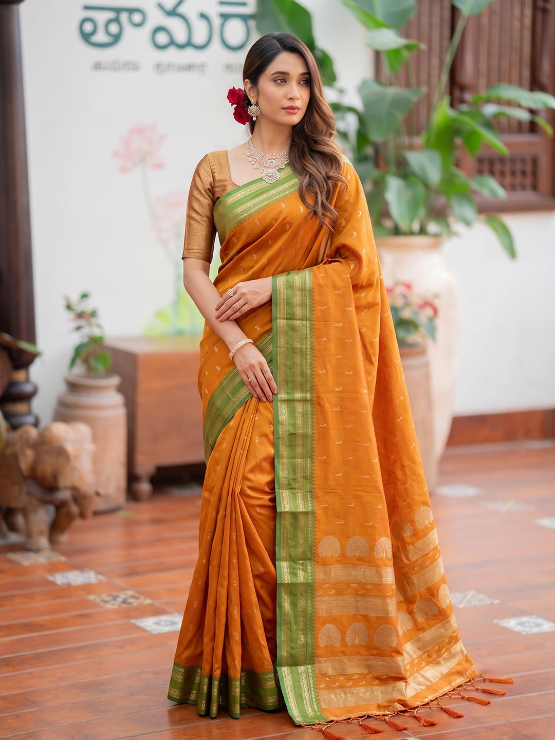 Peachmode Yellow Soft Silk Woven Saree - Image 1