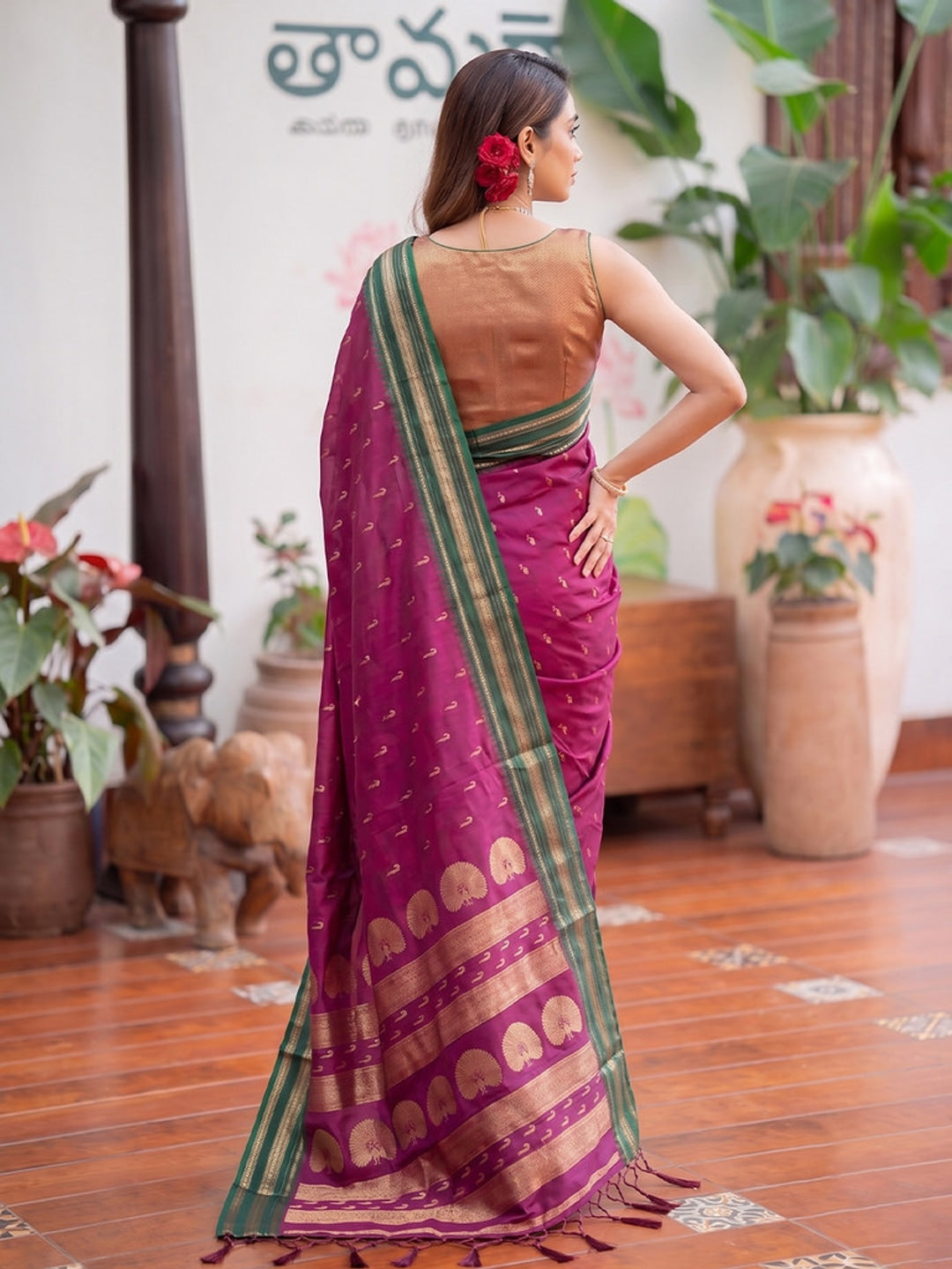 Peachmode Dark Pink Soft Silk Woven Saree - Image 3